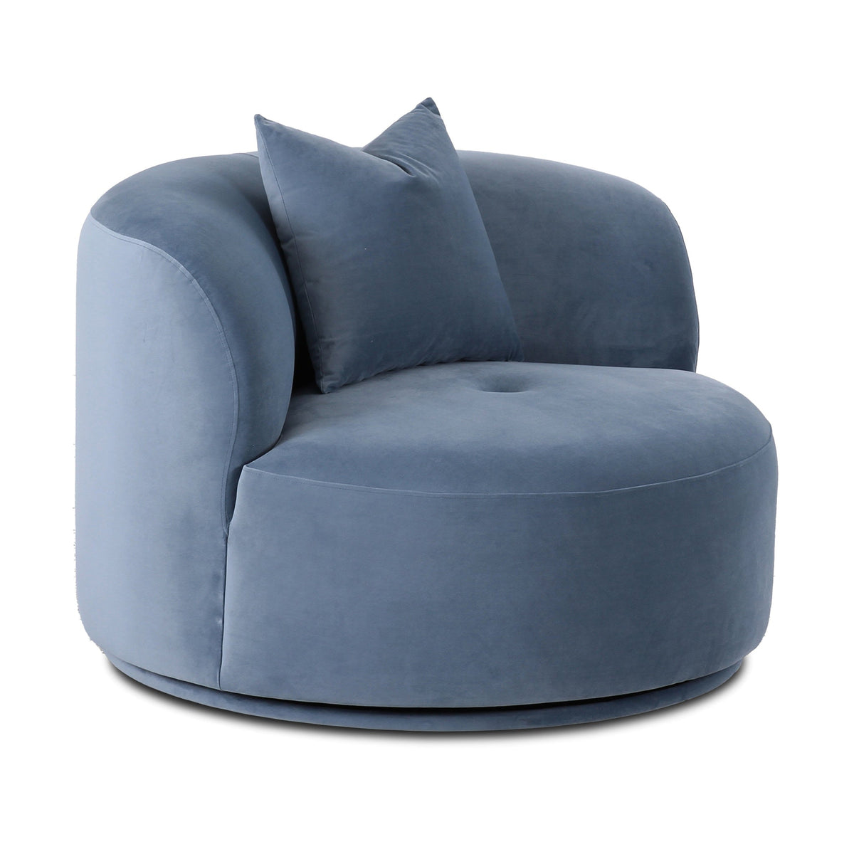 Fickle Swivel Accent Chair in Bluestone — three-quarter studio view with matching pillow