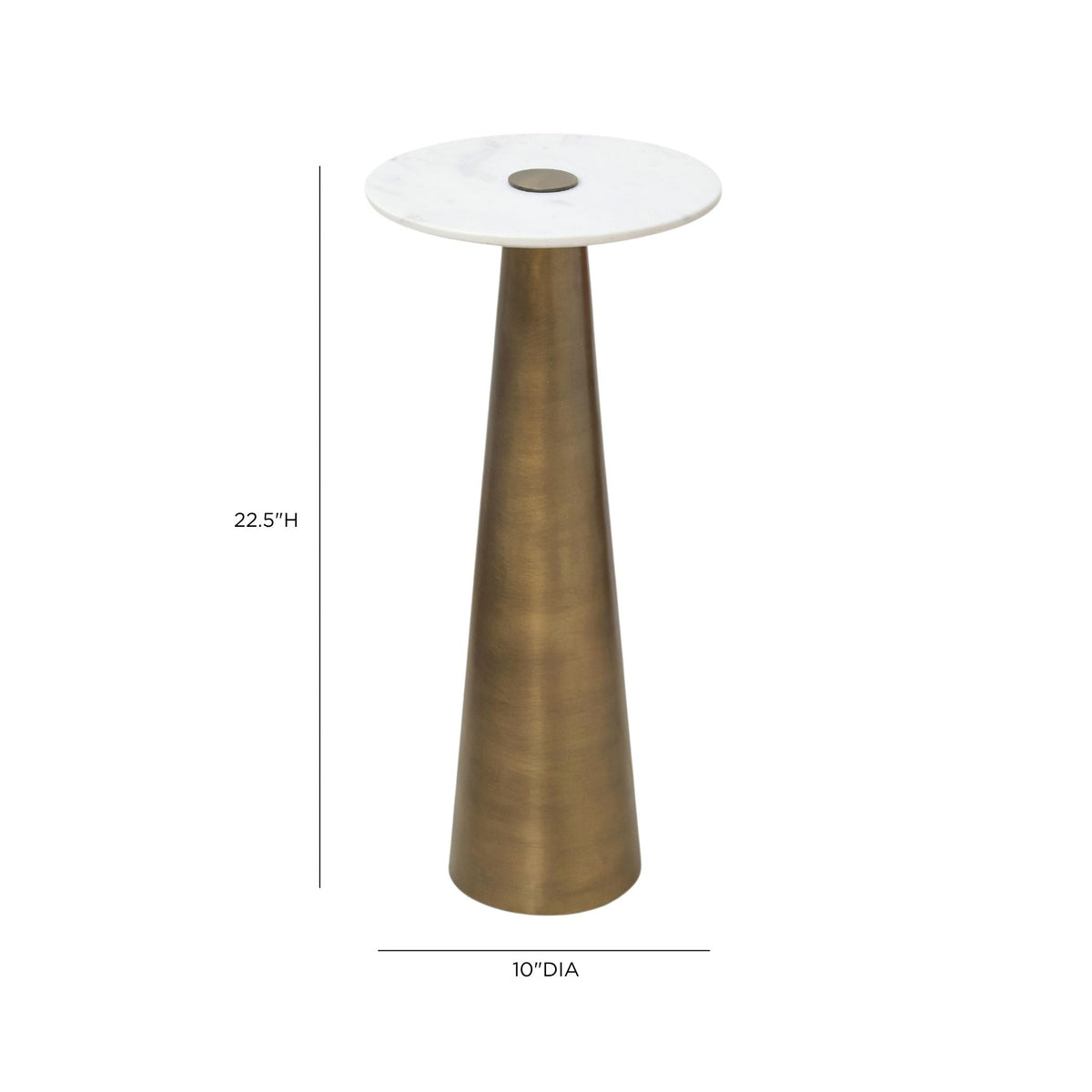 Clement Antique Brass Side Table with White Marble by TOV Furniture — 10-inch dimensional diagram showing 22.5-inch height.