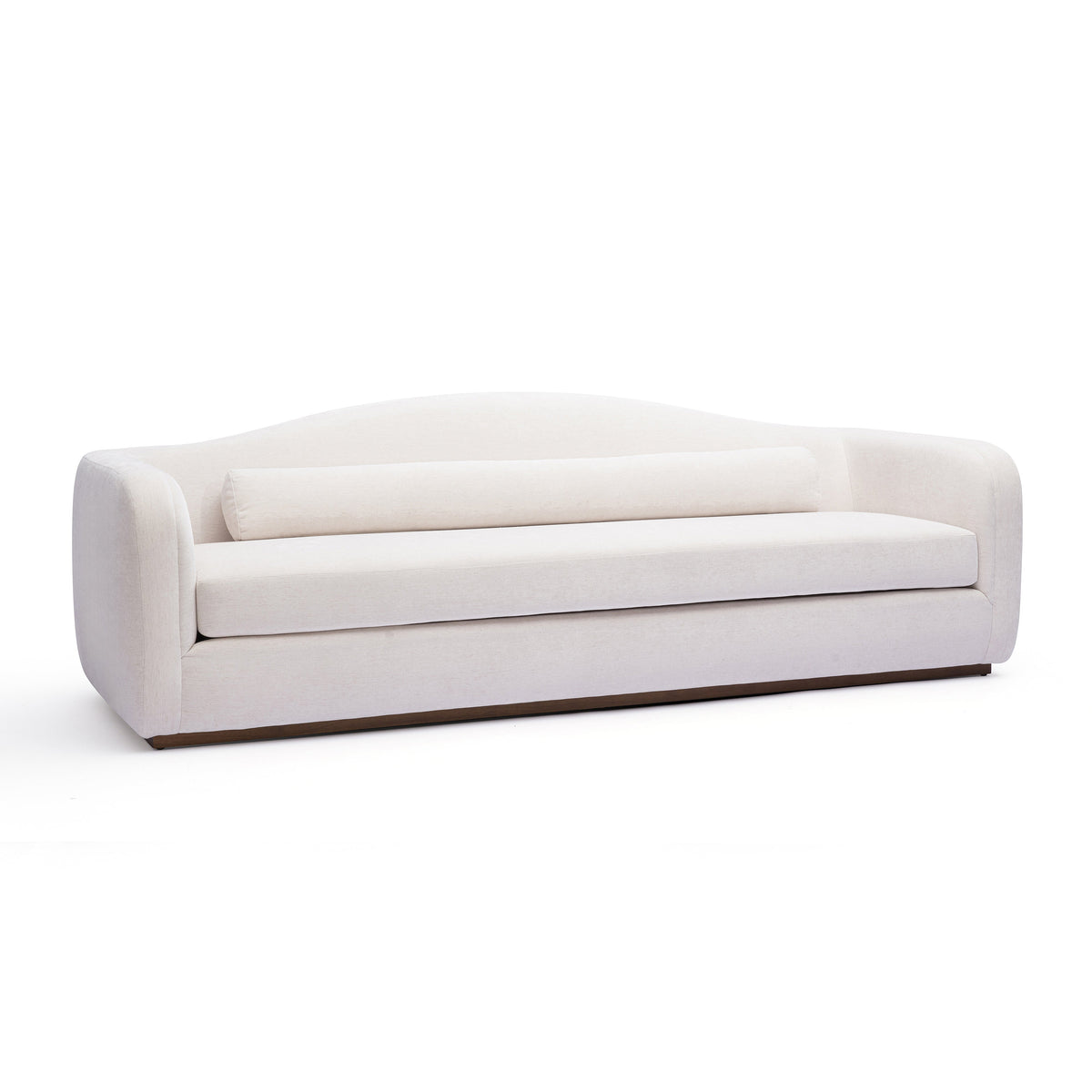Camille 99" Sofa by TOV Furniture — cream performance chenille sofa, angled view with bolster pillow.
