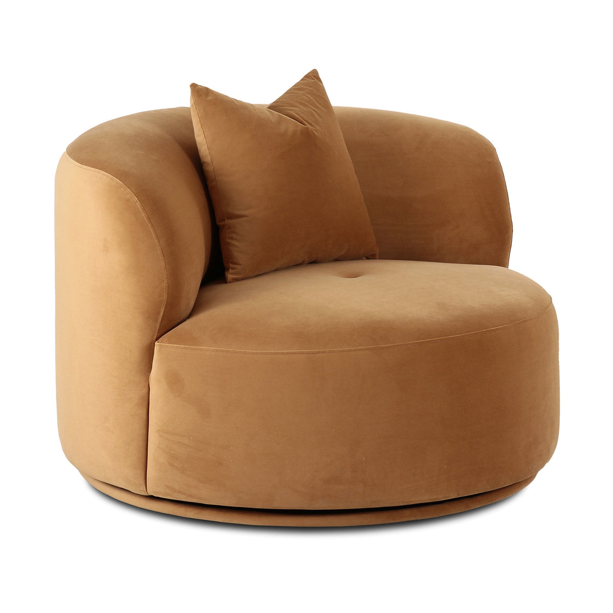 Fickle Swivel Accent Chair in Camel — three-quarter studio view with matching pillow