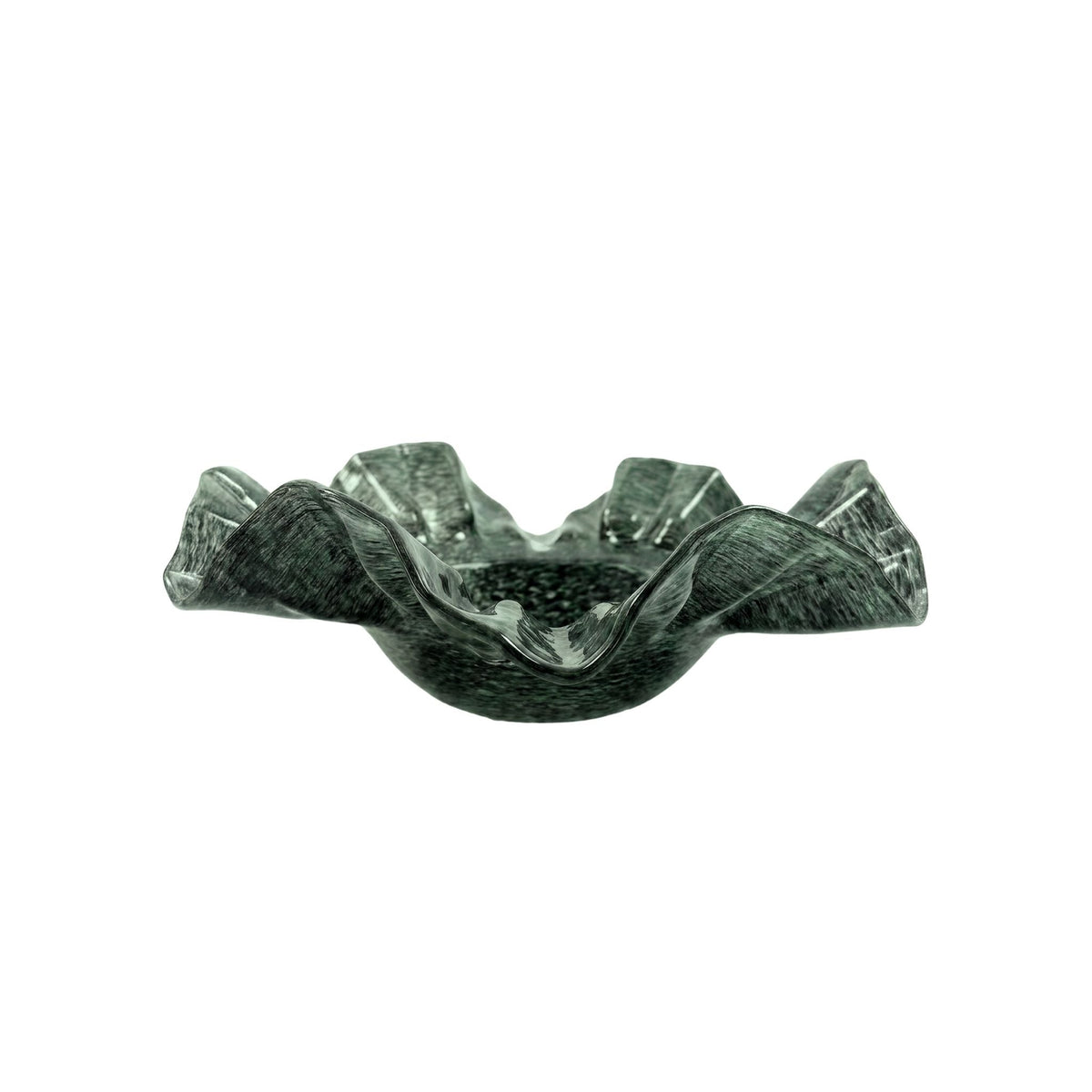 Col Green Glass Bowl by TOV Furniture — 9-inch size, low side view of the ruffled wave-like rim.