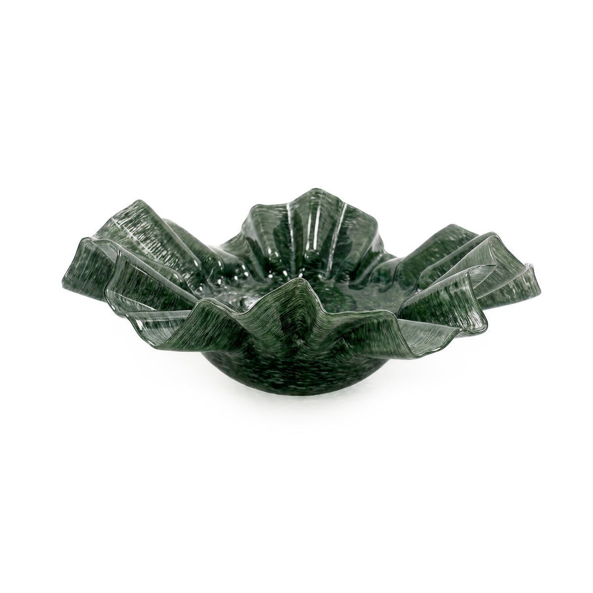 Col Green Glass Bowl by TOV Furniture — 11-inch size, angled view showing the ruffled asymmetrical rim.