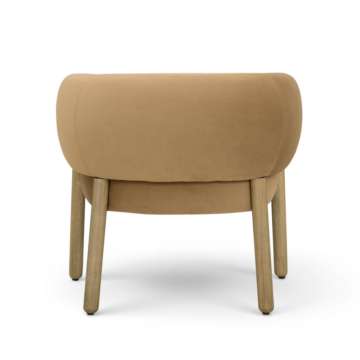 Foxy Performance Fabric Accent Chair in Camel — straight rear view of the upholstered back and wood legs