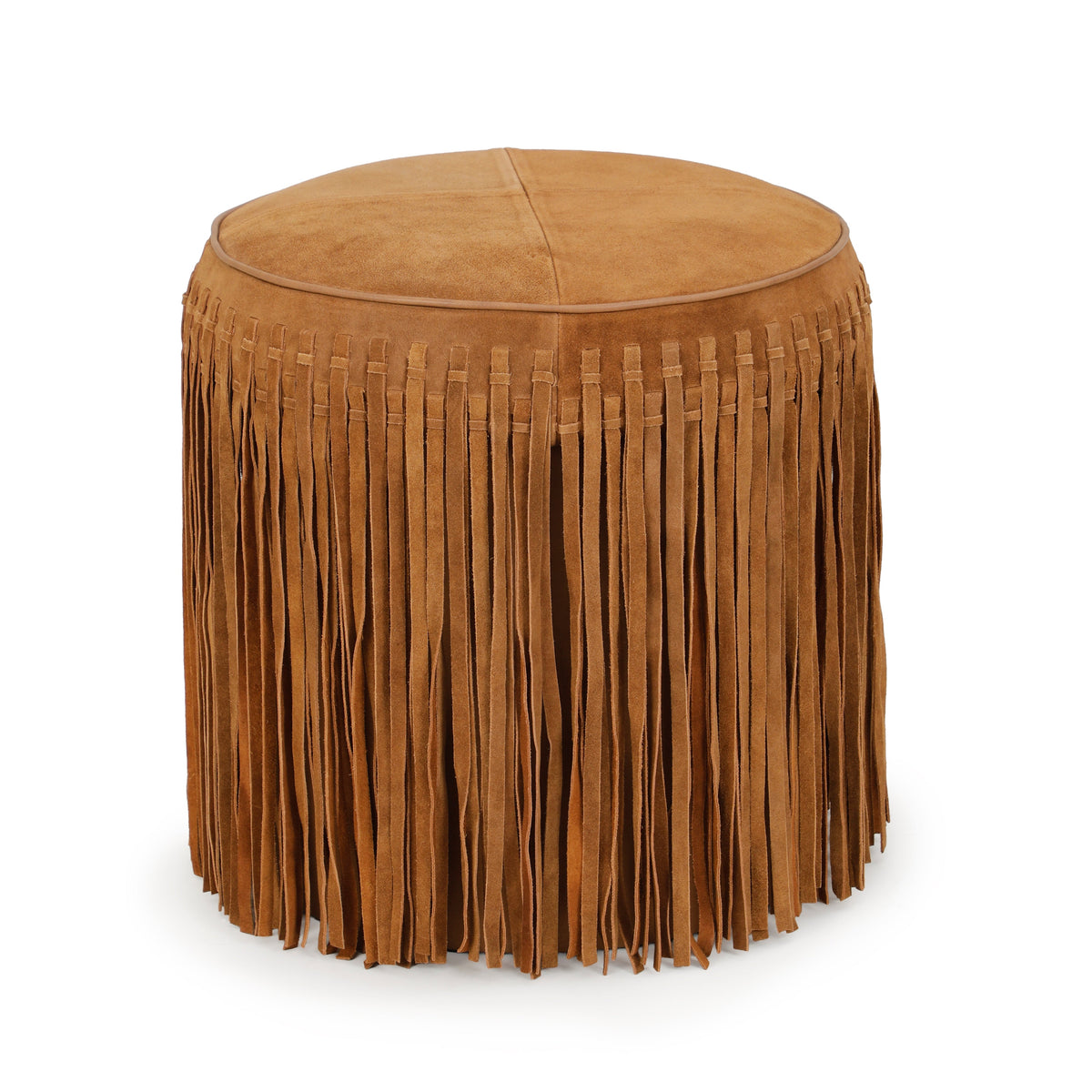 Daphne Round Suede Fringe Ottoman by TOV Furniture — cognac suede upholstery with tasseled fringe, angled view