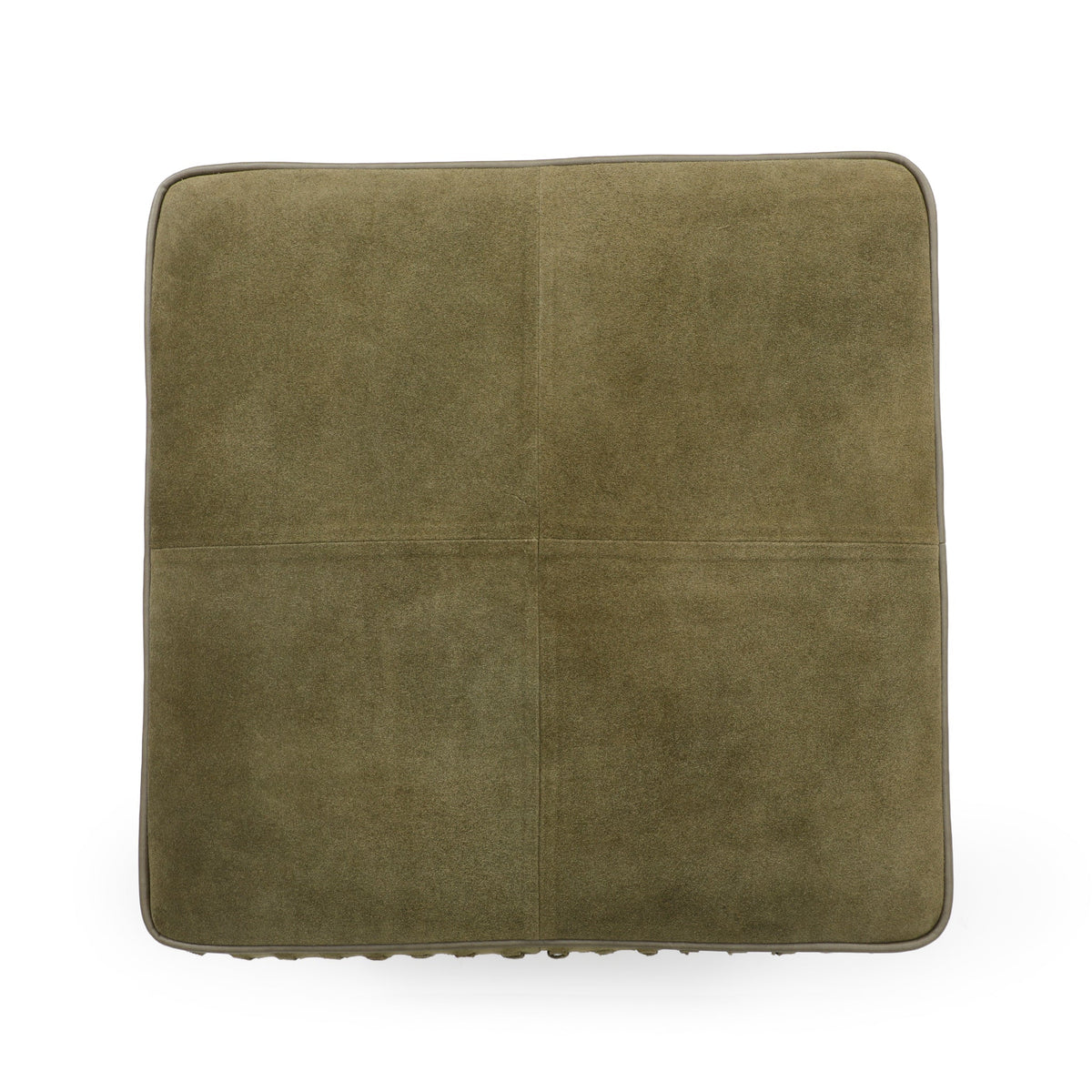 Daphne Square Suede Fringe Ottoman in Olive Green, top view of the piped square cushion