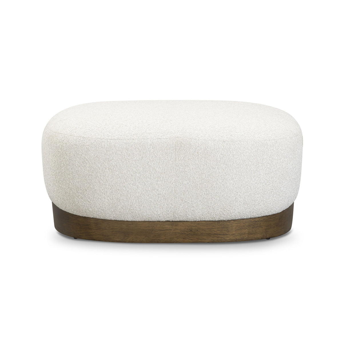Domina Boucle Ottoman in Off-White, straight-on long-side view with the low wood plinth base