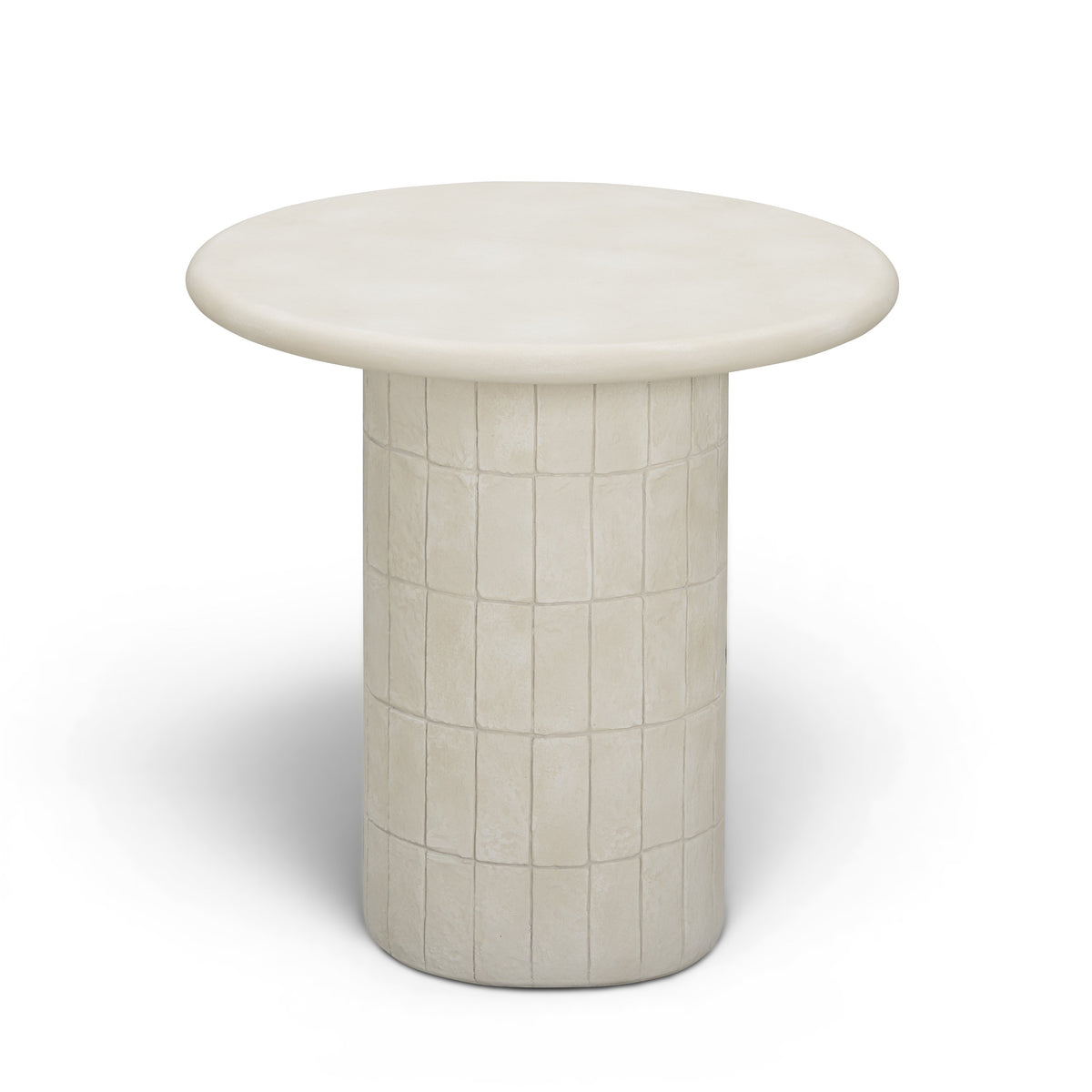 Fafo Beige Indoor/Outdoor Concrete Side Table by TOV Furniture — angled view showing the tiled base and smooth round tabletop.