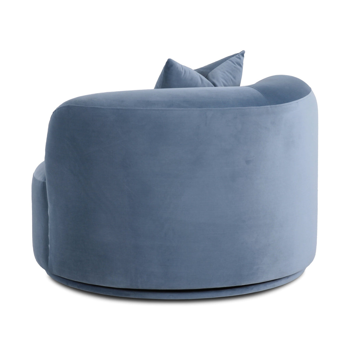 Fickle Swivel Accent Chair in Bluestone — rear three-quarter view of the curved upholstered back