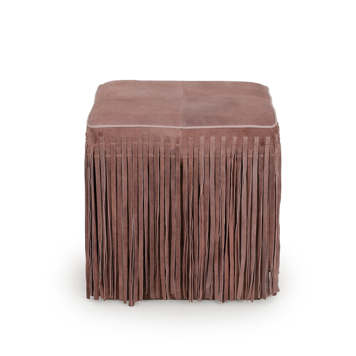 Daphne Square Suede Fringe Ottoman in Dusty Pink, straight-on side view with long suede fringe