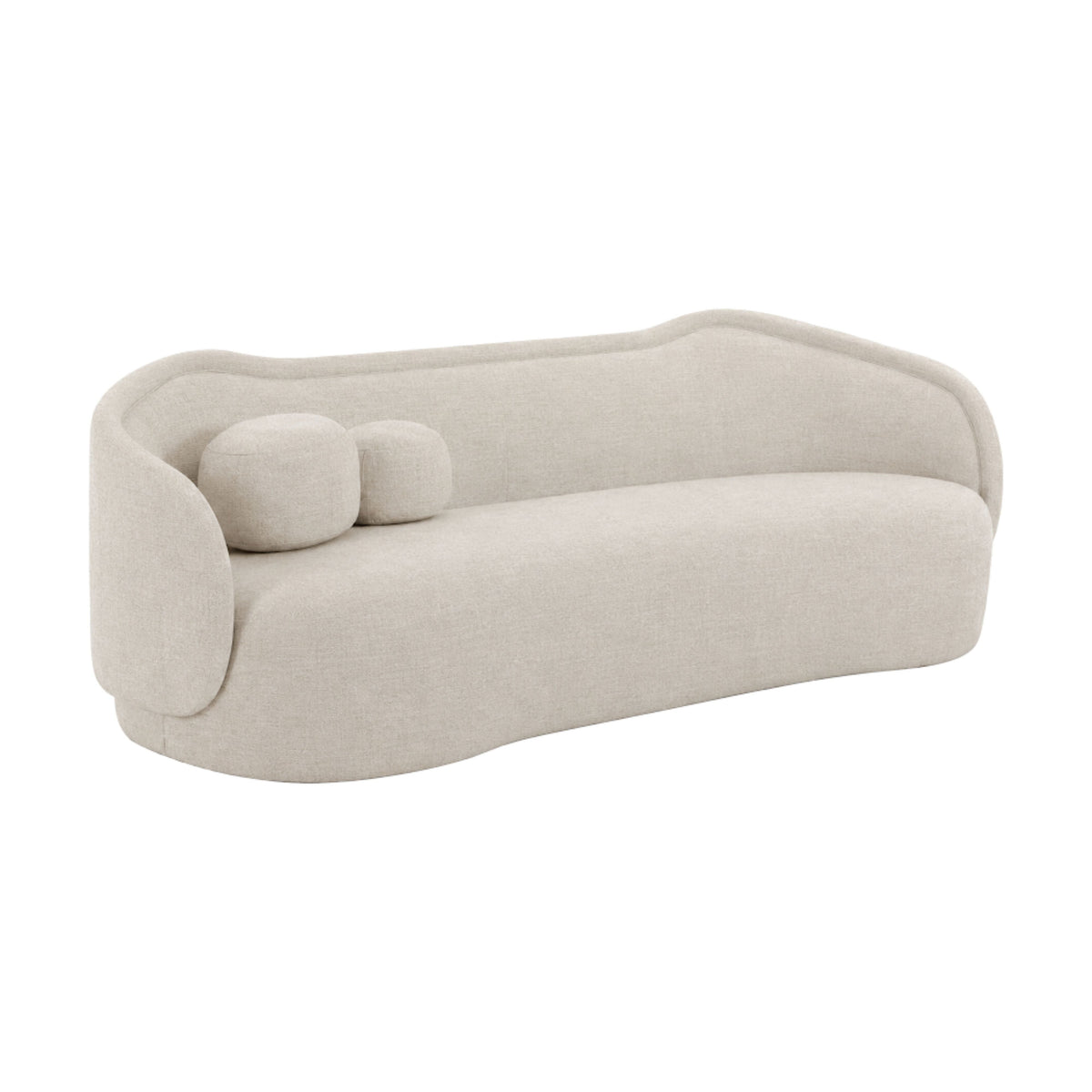 Circe 93" Sofa by TOV Furniture — curved upholstered sofa, front three-quarter view with two throw pillows.