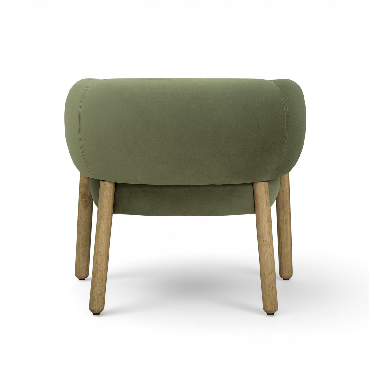 Foxy Performance Fabric Accent Chair in Olive Green — straight rear view of the upholstered back and wood legs