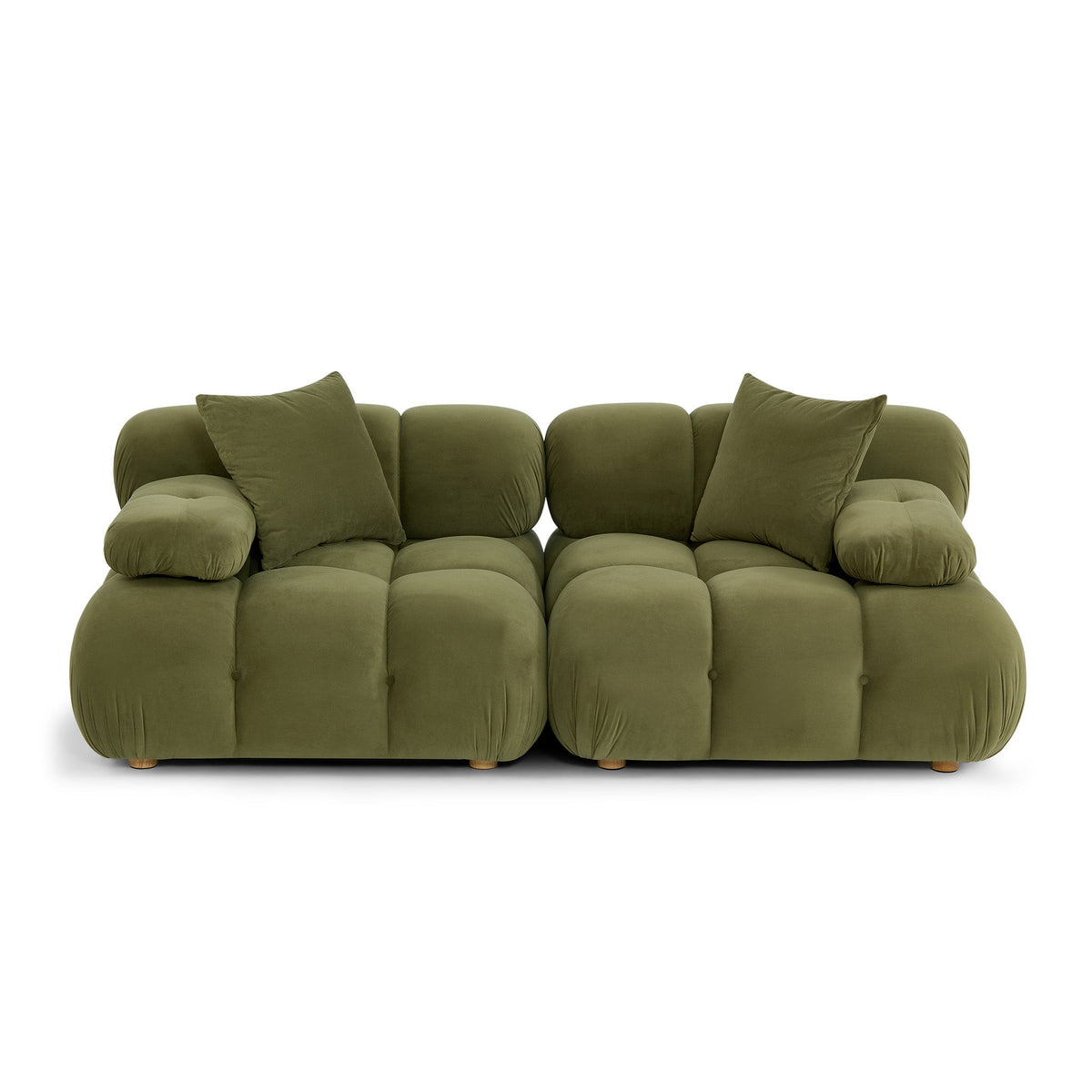 Calliope 79" Modular Loveseat by TOV Furniture — olive green tufted loveseat with angled throw pillows, front view