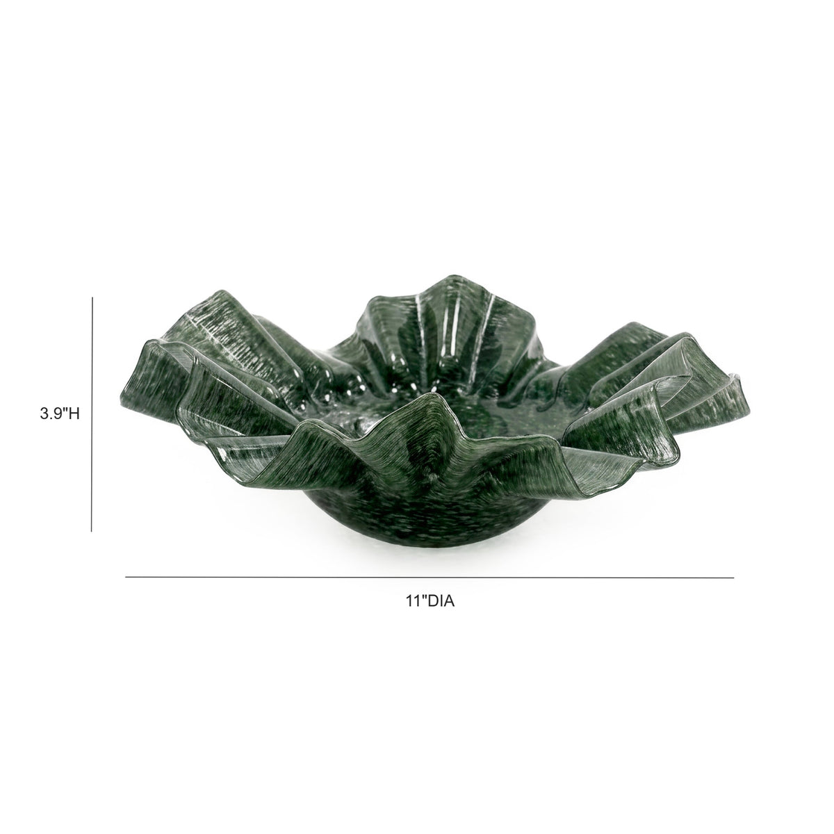 Col Green Glass Bowl by TOV Furniture — 11-inch dimensional diagram showing 11-inch diameter and 3.9-inch height.