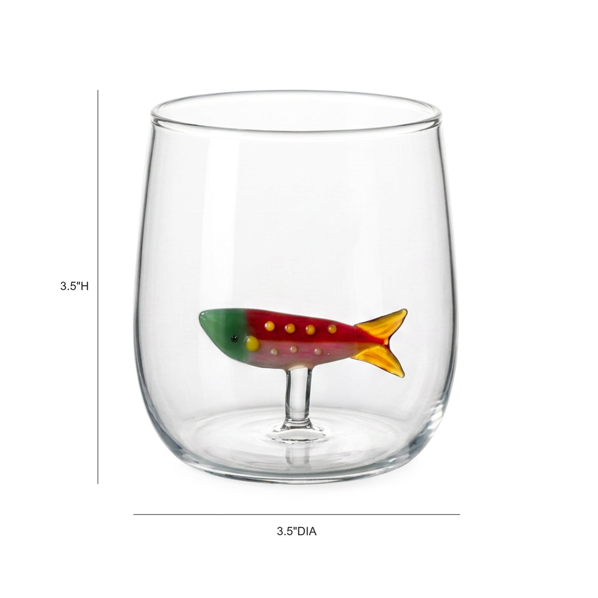 Fishy Water Glass Set of 4 by TOV Furniture — single-glass dimensional diagram showing 3.5-inch diameter and height.