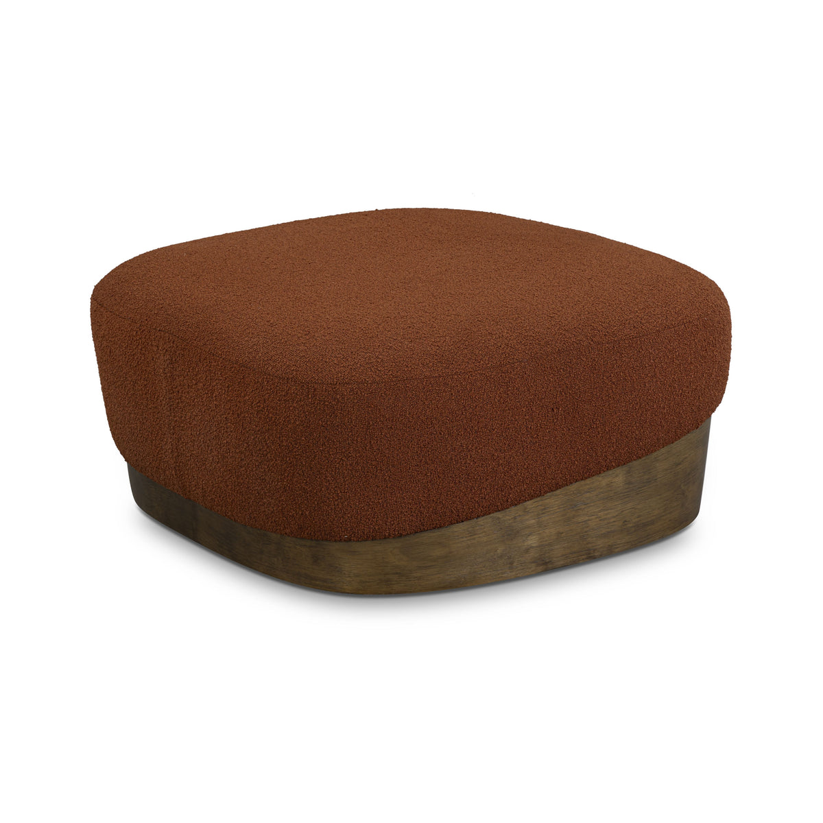 Domina Boucle Ottoman by TOV Furniture in Autumn Red, three-quarter view with a curved wood plinth base