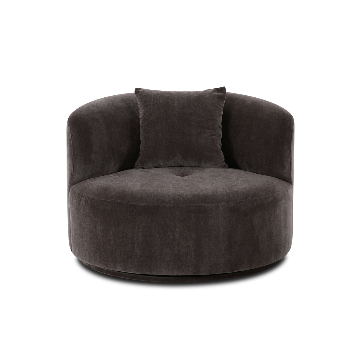 Fickle Swivel Accent Chair in Storm Grey by TOV Furniture — front studio view with matching pillow