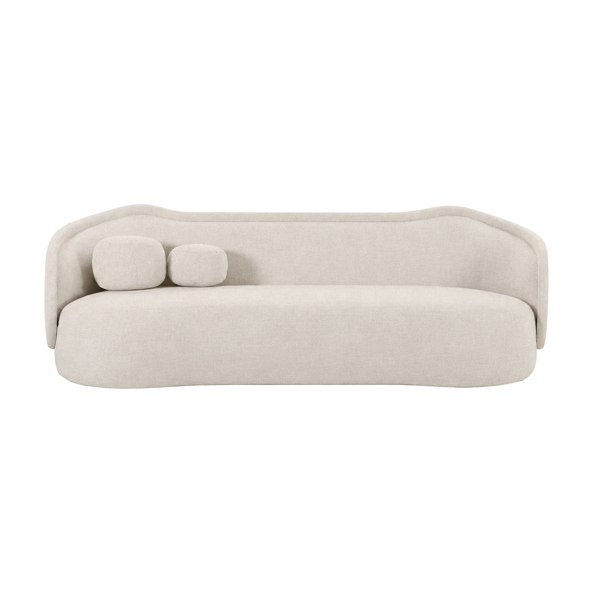 Circe 93" Sofa by TOV Furniture — front view of curved upholstered sofa with two throw pillows.