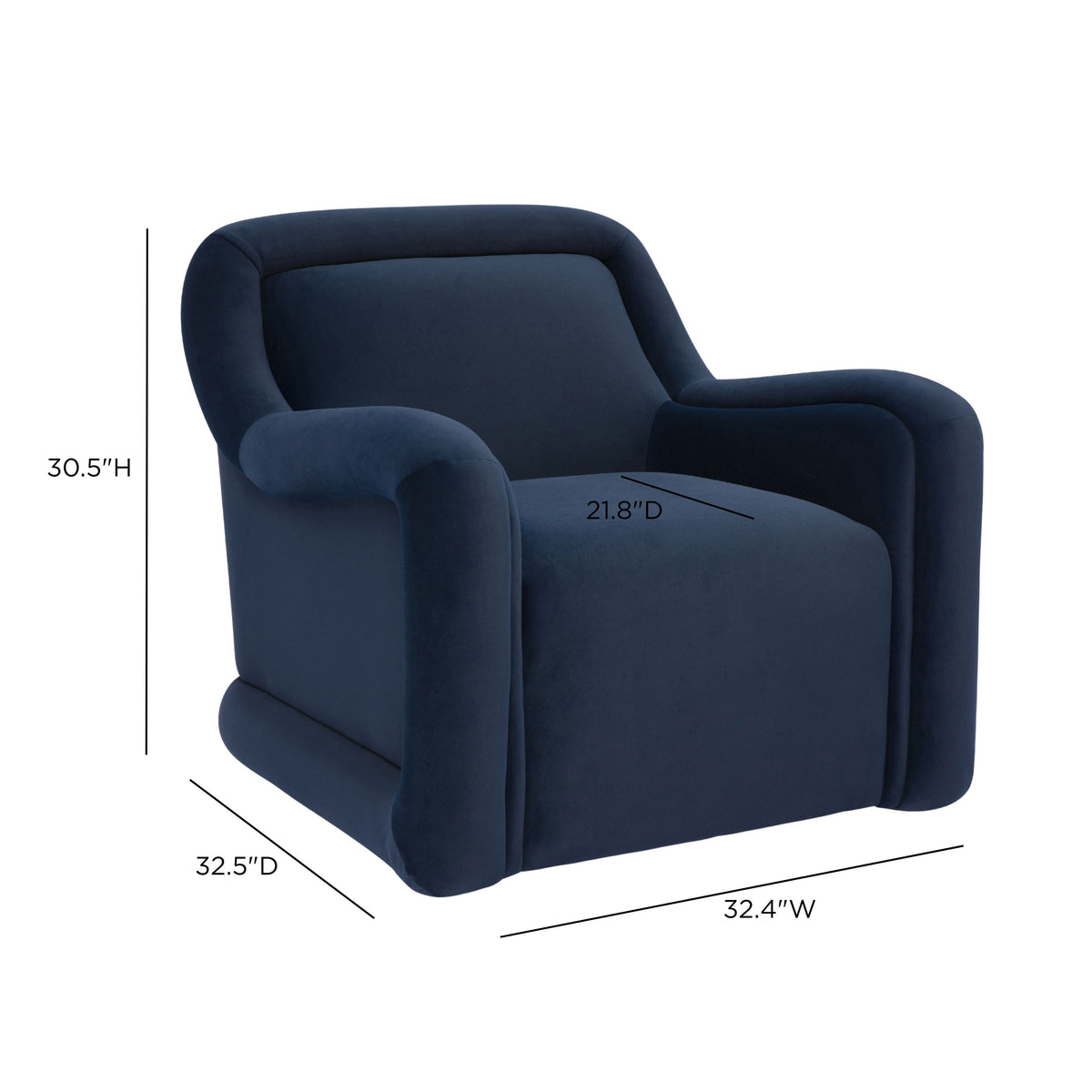 Charli Performance Swivel Chair by TOV Furniture — dark blue upholstered chair dimensional diagram