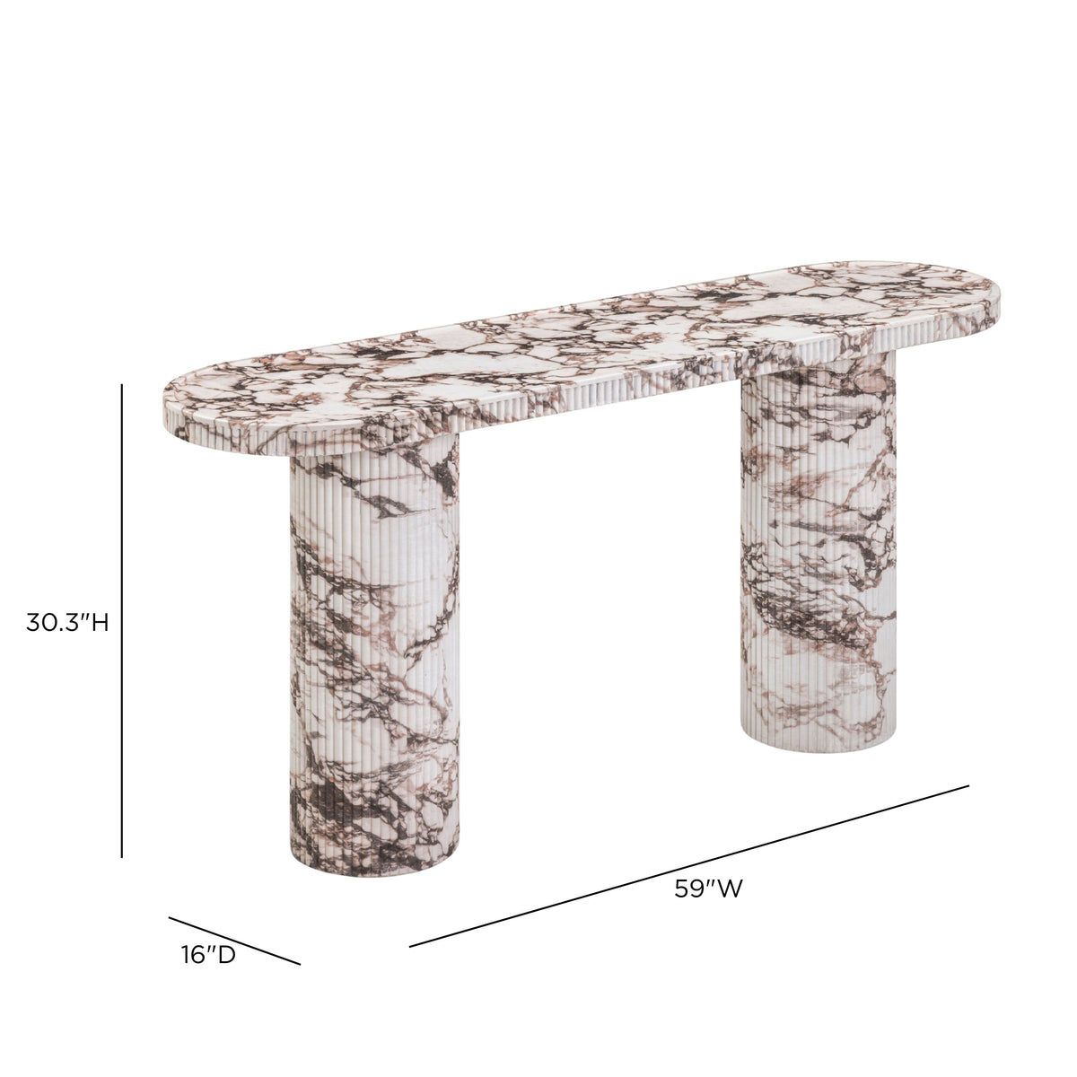 Darcy 59" Concrete Indoor/Outdoor Console Table by TOV Furniture — dimensional diagram showing 59-inch width, 16-inch depth, and 30.3-inch height.