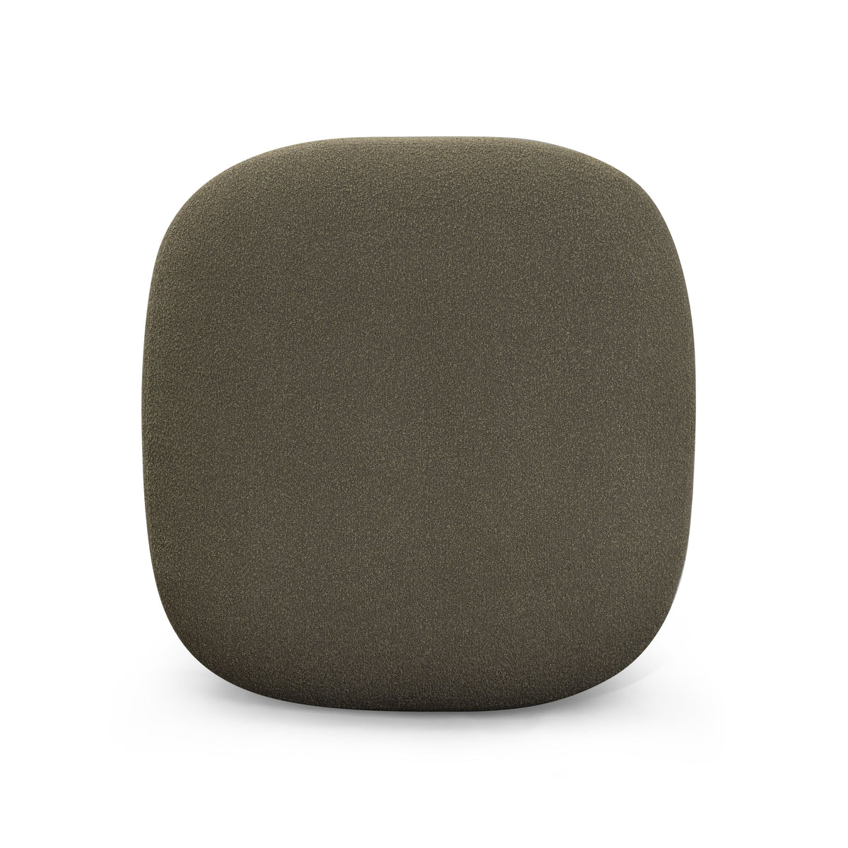 Domina Boucle Ottoman in Kale Green, top view of the rounded-square upholstered cushion