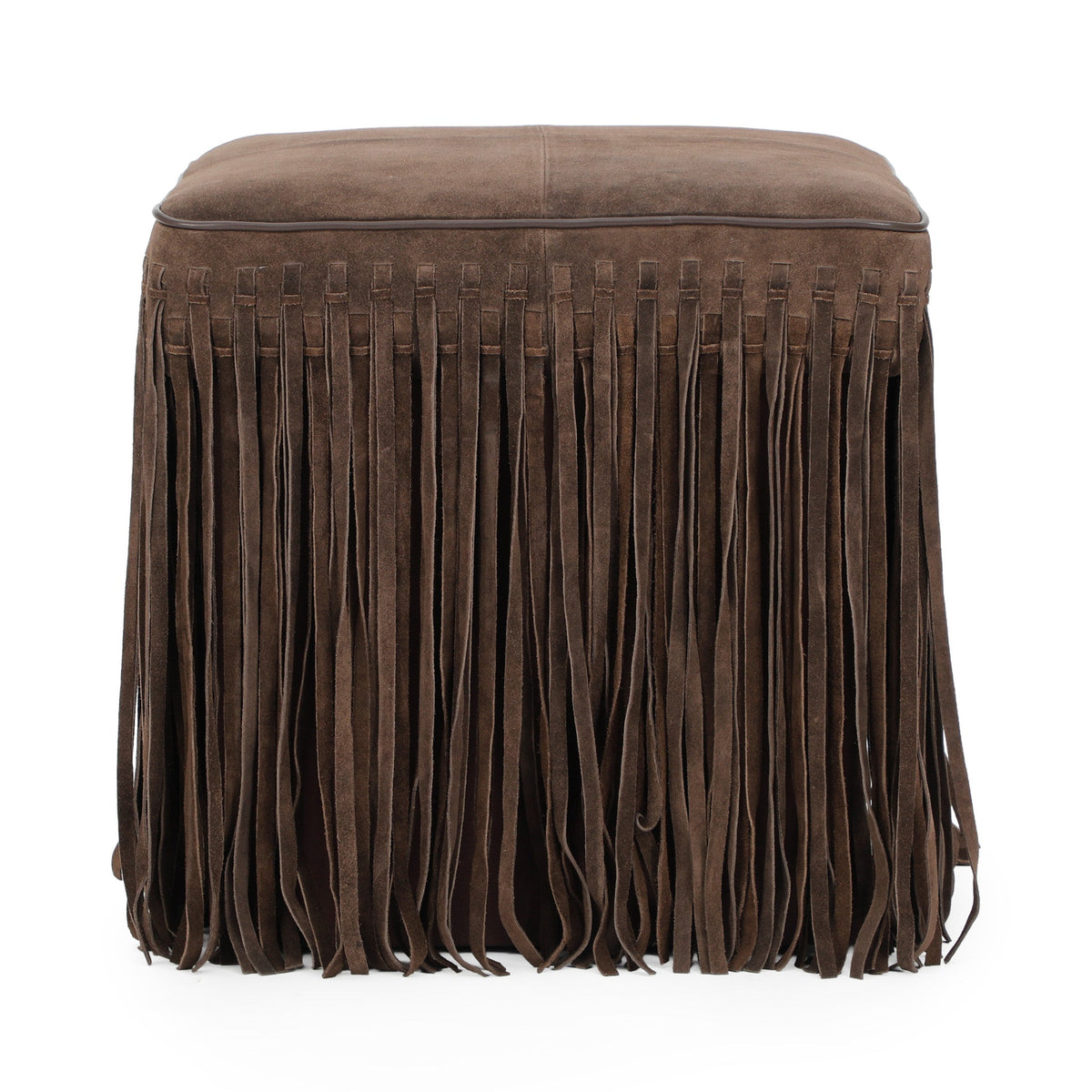 Daphne Square Suede Fringe Ottoman by TOV Furniture in Chocolate Brown, straight-on front view