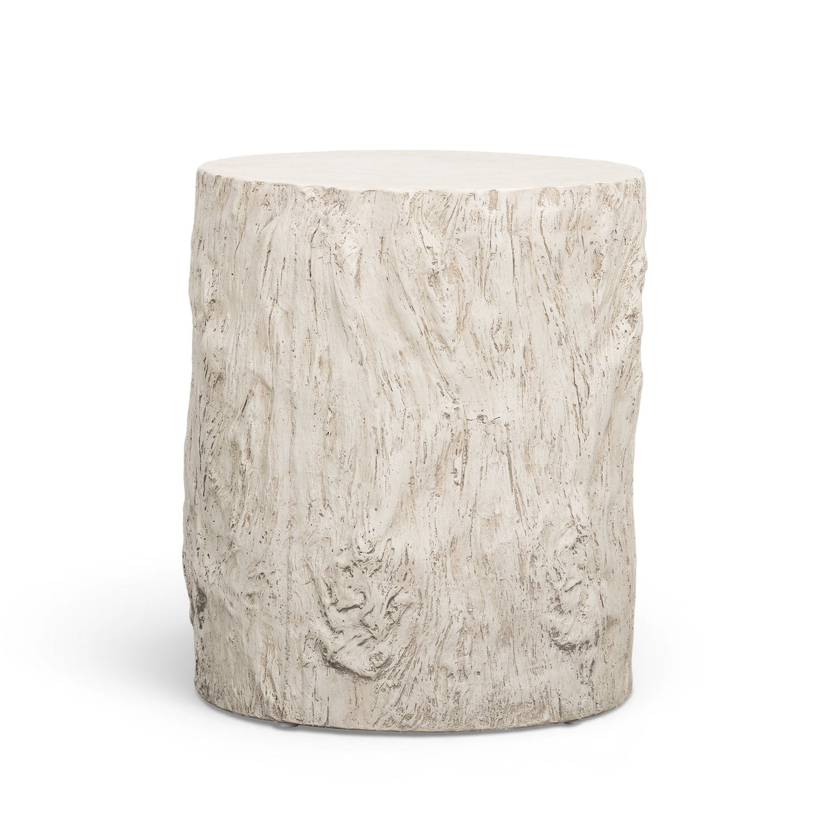 Fawn Driftwood Concrete Indoor/Outdoor Side Table by TOV Furniture — front three-quarter view of the tree-stump form.