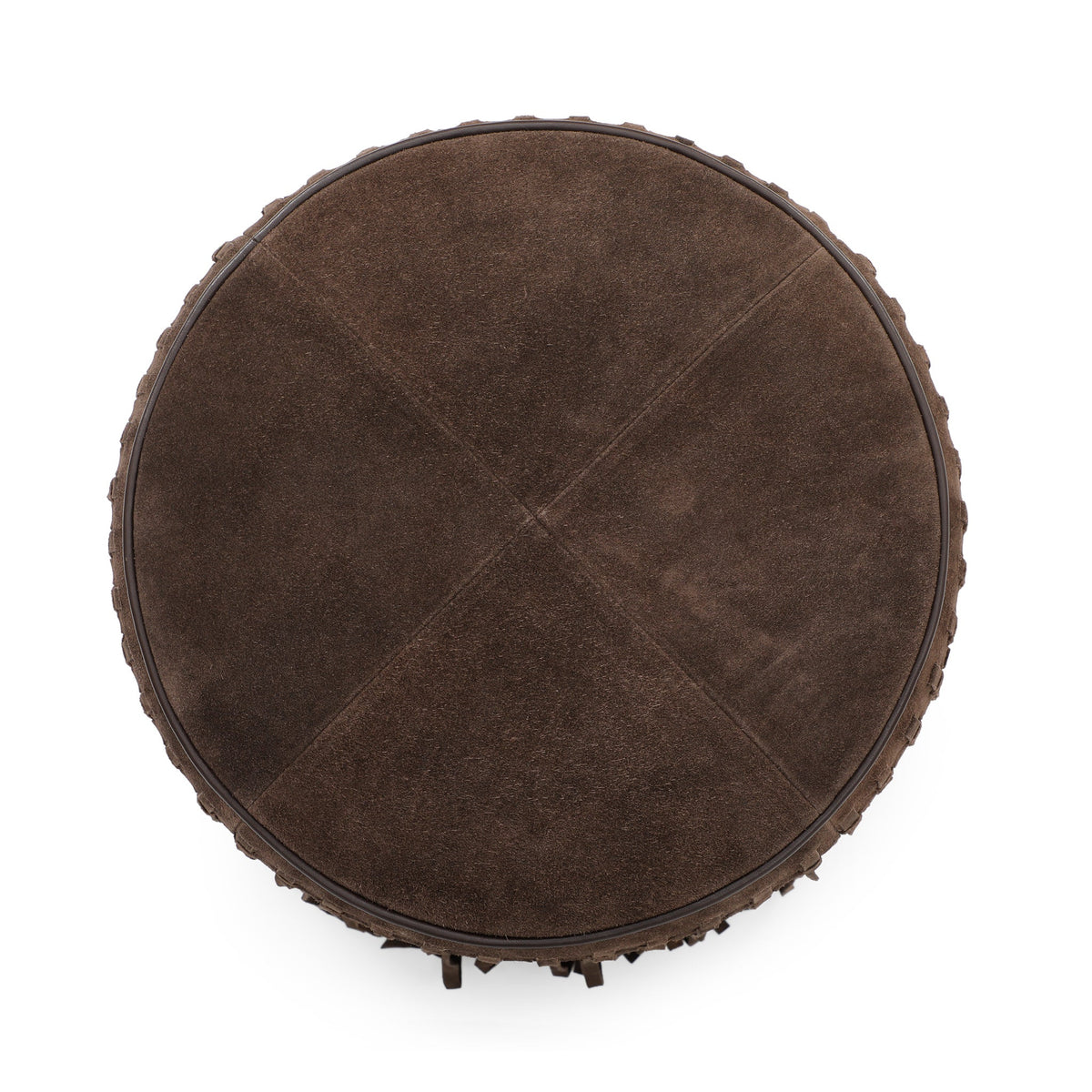 Daphne Round Suede Fringe Ottoman by TOV Furniture — chocolate brown suede seat, top view