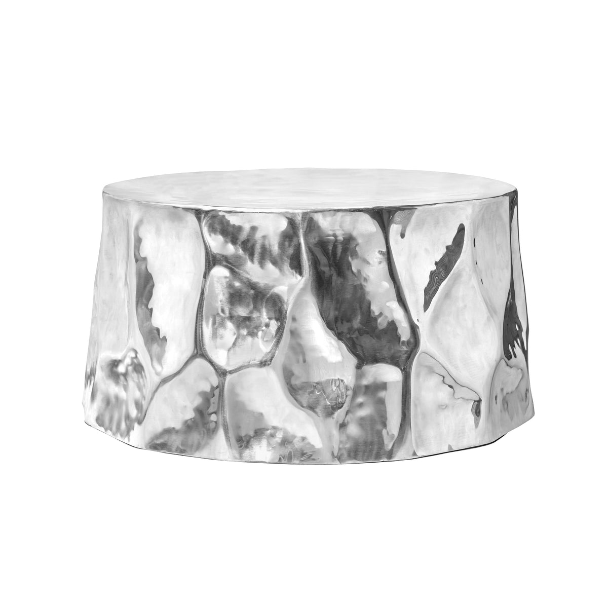 Forma 34" Chrome Coffee Table by TOV Furniture — straight-on front view of the hammered aluminum body.