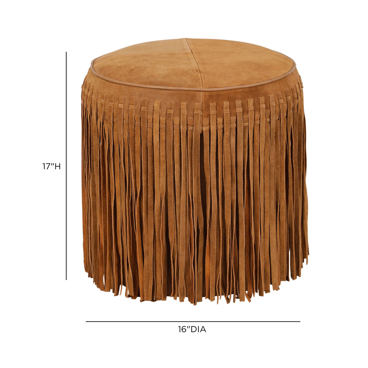 Daphne Round Suede Fringe Ottoman by TOV Furniture — cognac suede and fringe dimensional diagram