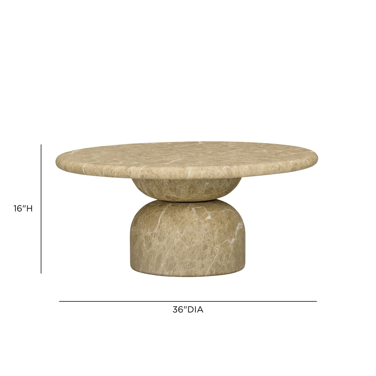 Cynthia 36" Concrete Indoor/Outdoor Coffee Table by TOV Furniture — light Emperador marble dimensional diagram