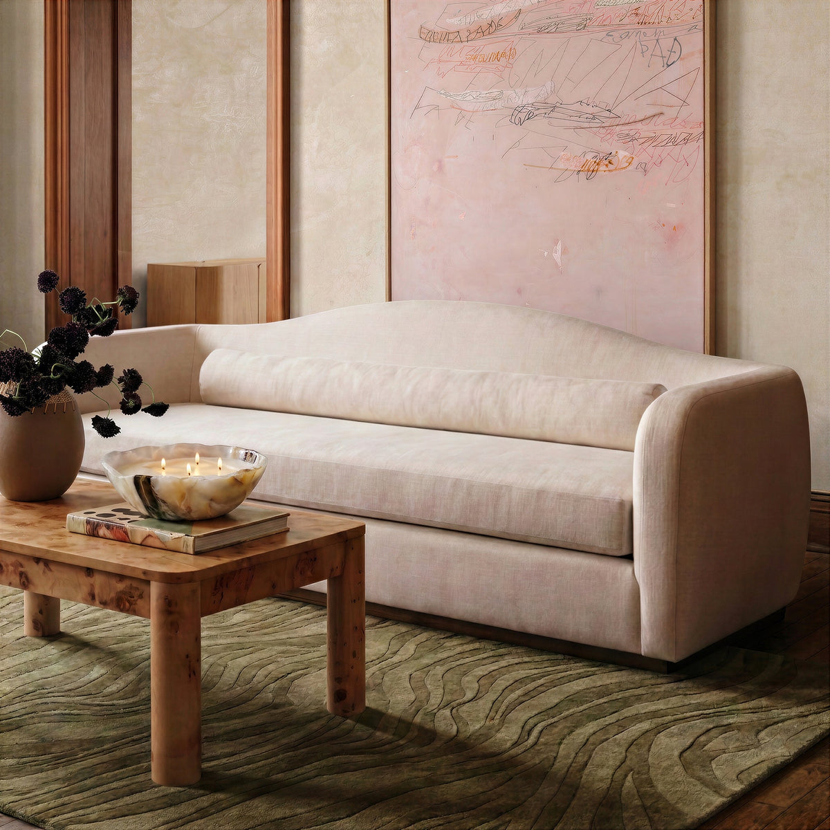 Camille 99" Sofa by TOV Furniture — cream sofa styled in a living-room setting.