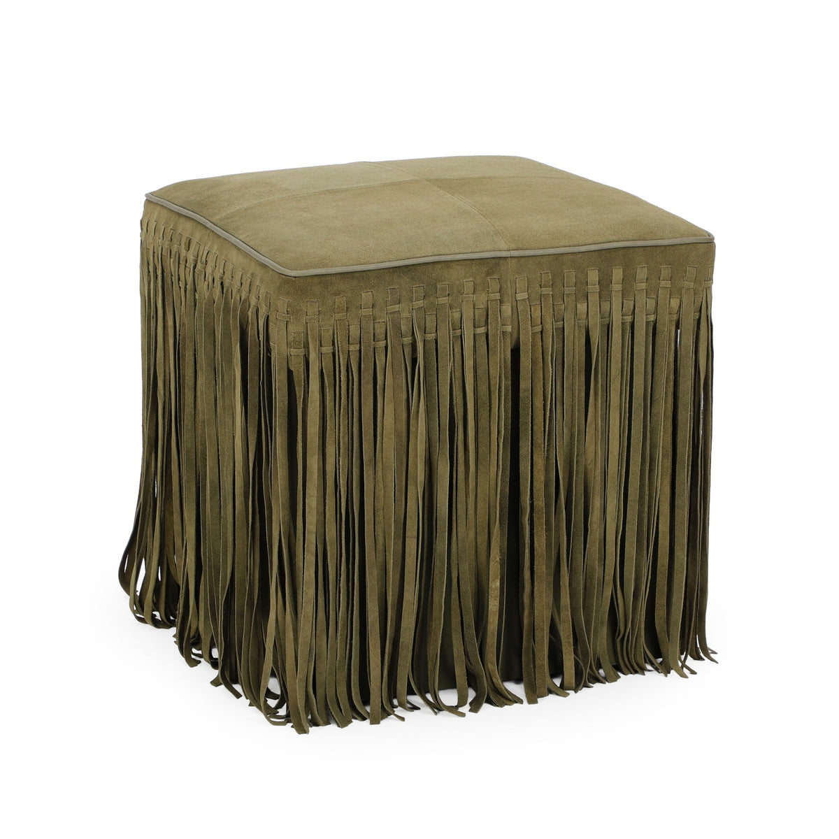 Daphne Square Suede Fringe Ottoman in Olive Green, three-quarter view with long suede fringe