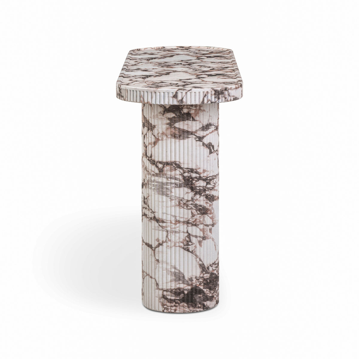 Darcy 59" Concrete Indoor/Outdoor Console Table by TOV Furniture — side profile showing the rounded tabletop edge and cylindrical leg.