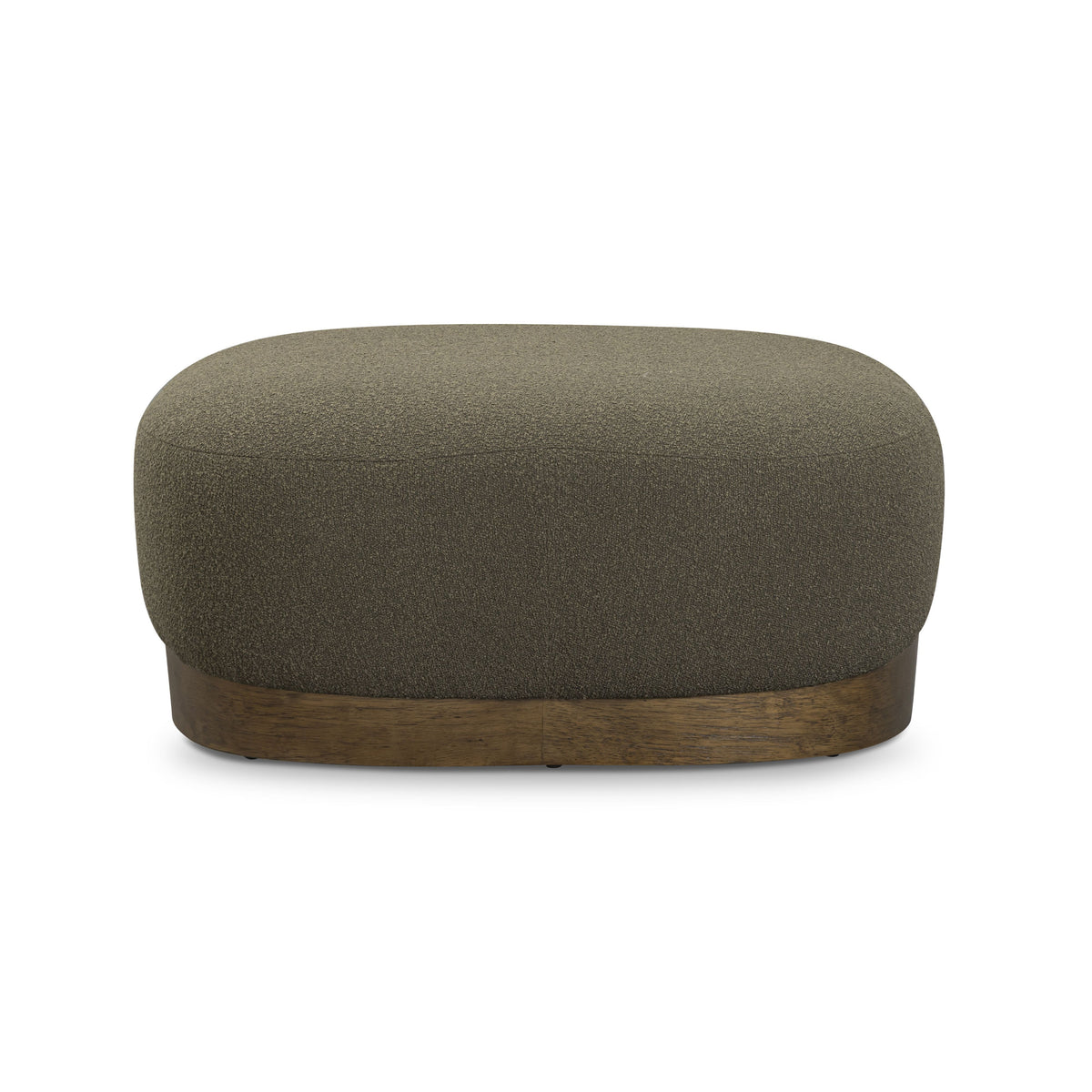 Domina Boucle Ottoman in Kale Green, opposite long-side view with the low wood plinth base