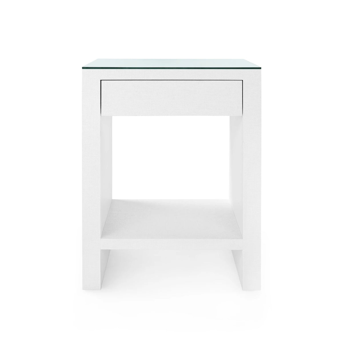 Morgan Grasscloth 1-Drawer Side Table by Villa & House — white finish and glass top, drawer-closed front view