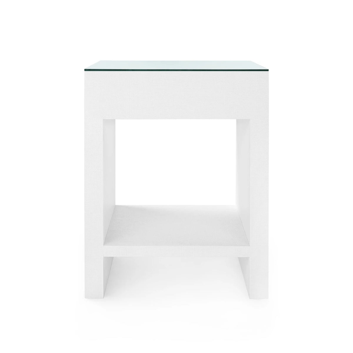 Morgan Grasscloth 1-Drawer Side Table by Villa & House — white finish and glass top, drawer-open front view