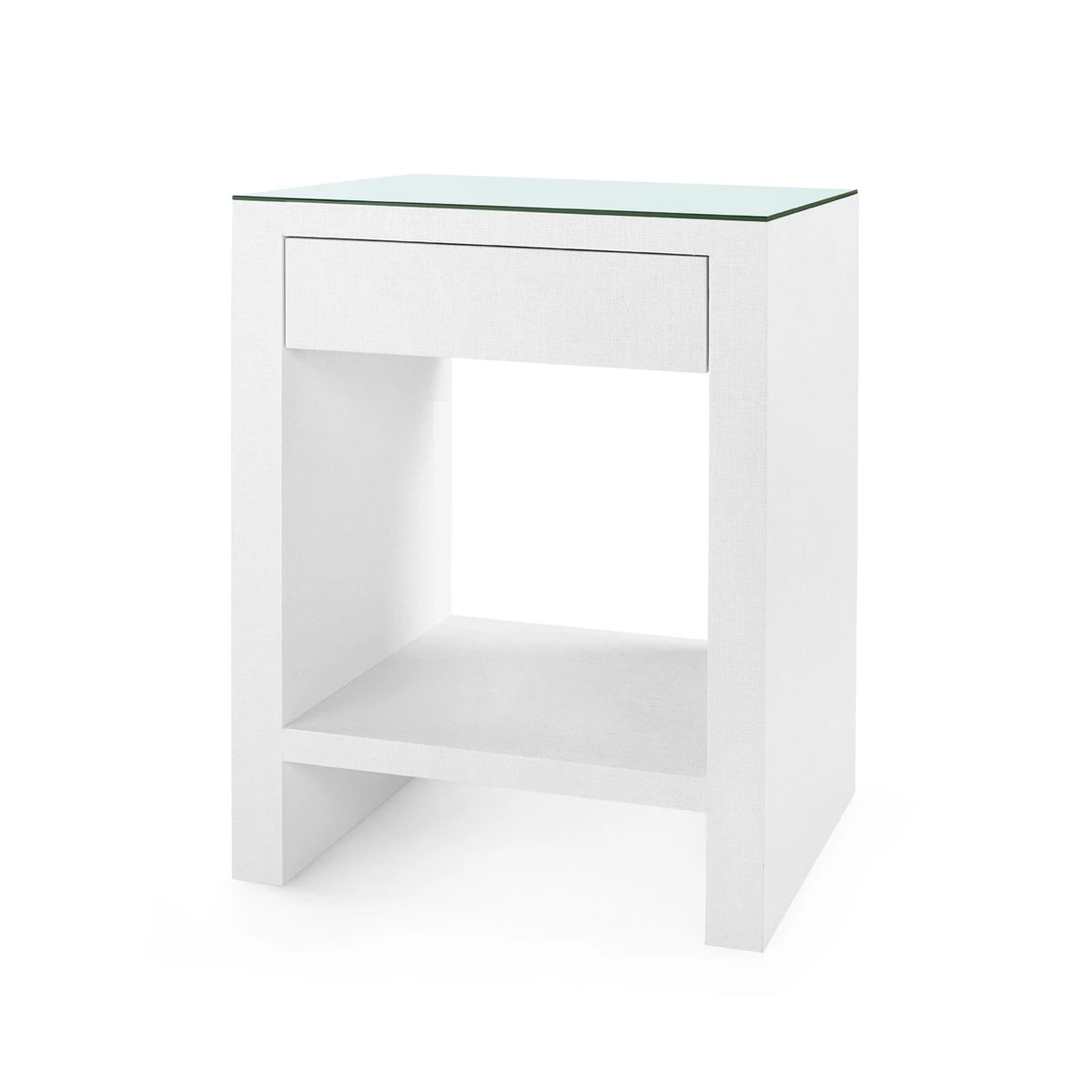 Morgan Grasscloth 1-Drawer Side Table by Villa & House — white finish with clear glass top, angled view