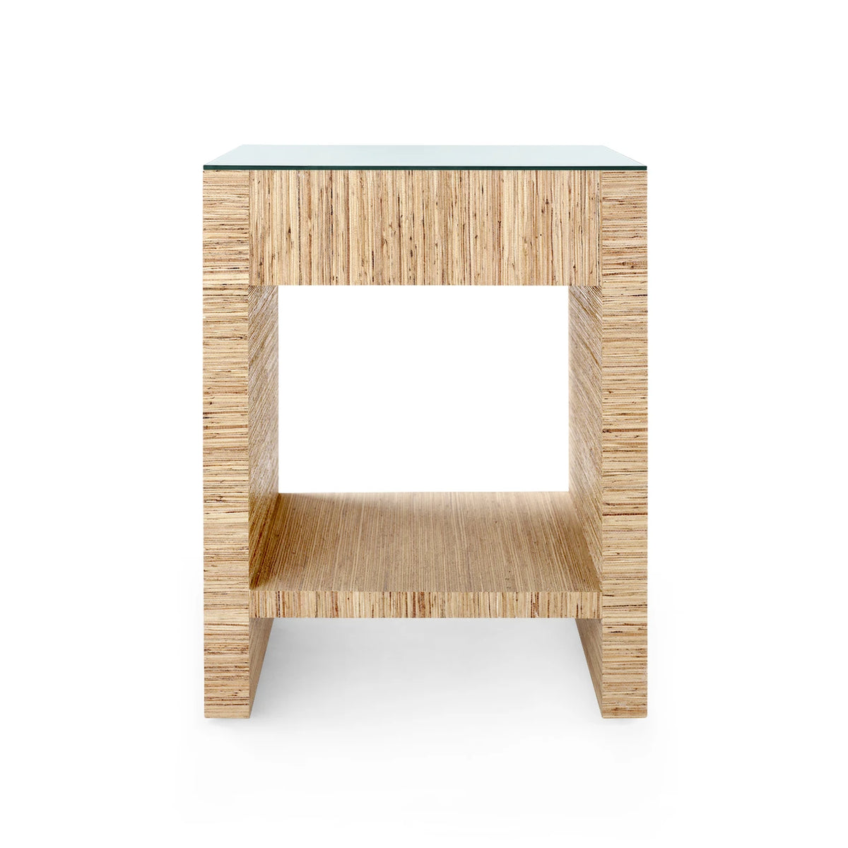 Morgan 1-Drawer Side Table with Glass Top by Villa & House — white lacquered grasscloth with open shelf, rear view