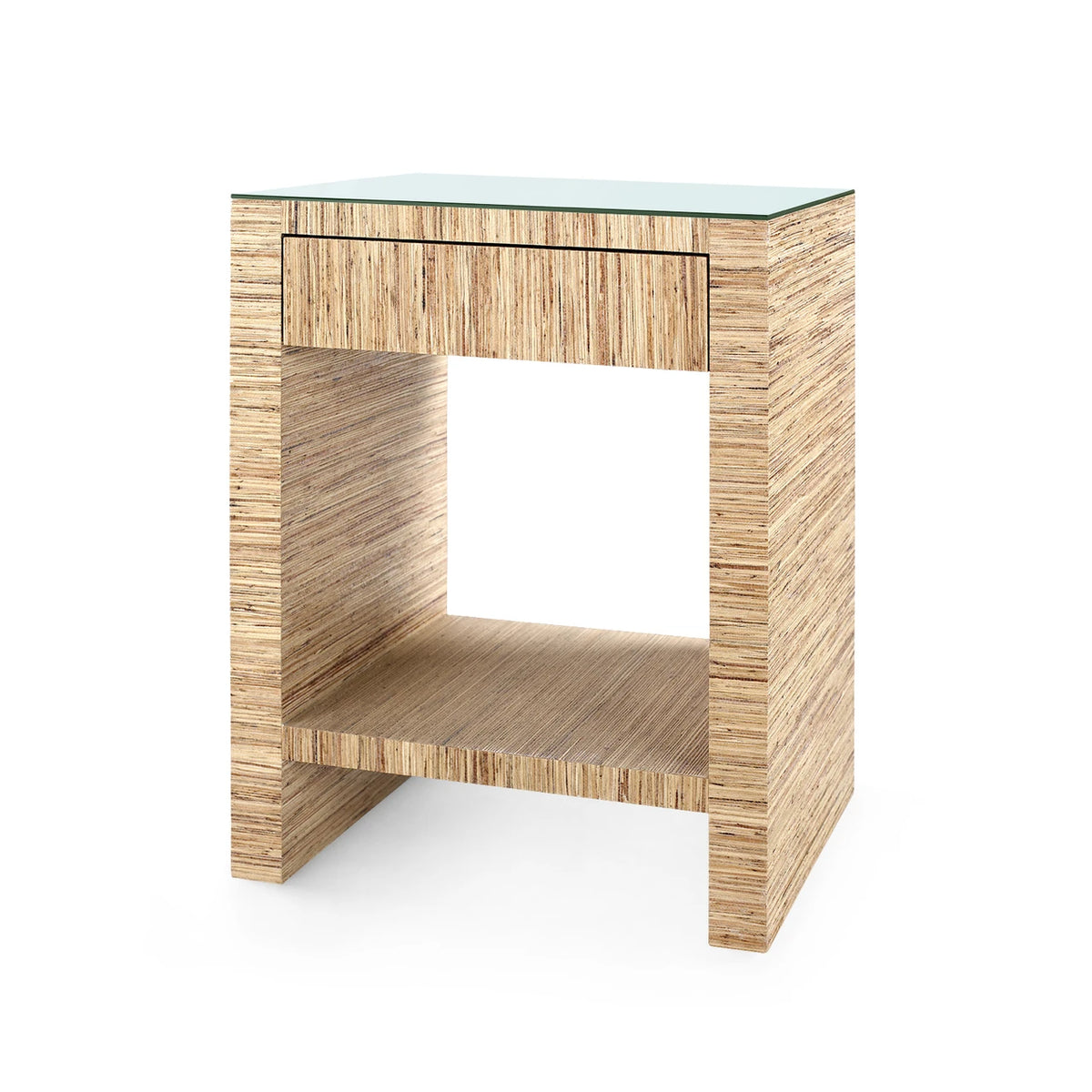 Morgan 1-Drawer Side Table with Glass Top by Villa & House — white lacquered grasscloth, angled front view