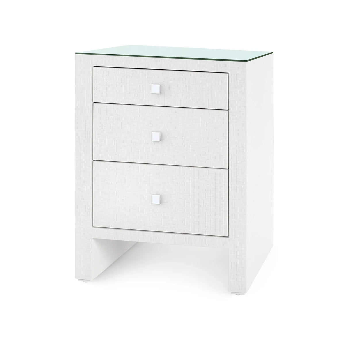 Morgan Grasscloth 3-Drawer Side Table by Villa & House — white lacquered grasscloth with glass top, angled view