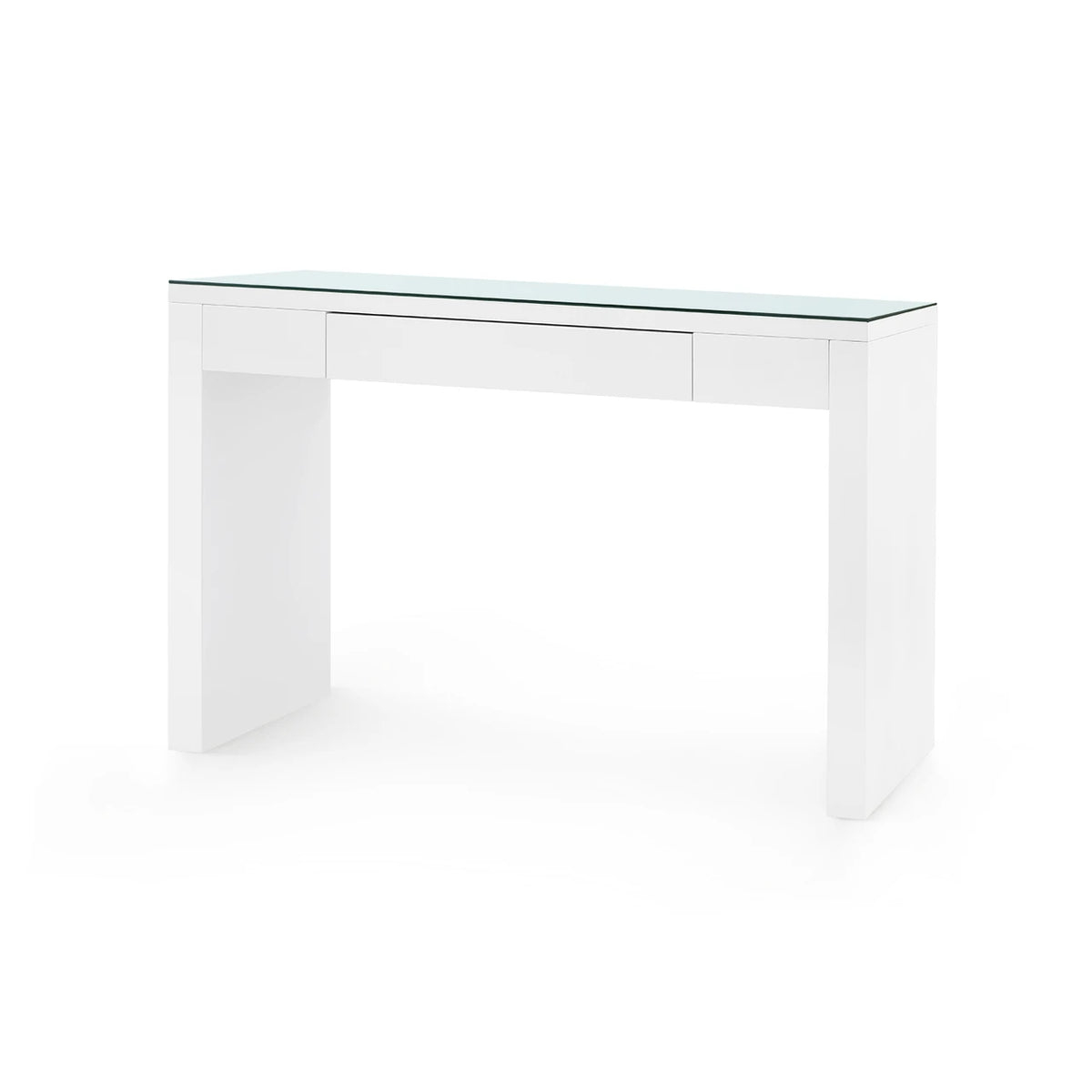 Morgan Console Table by Villa & House — Chiffon White finish with clear glass top, angled view