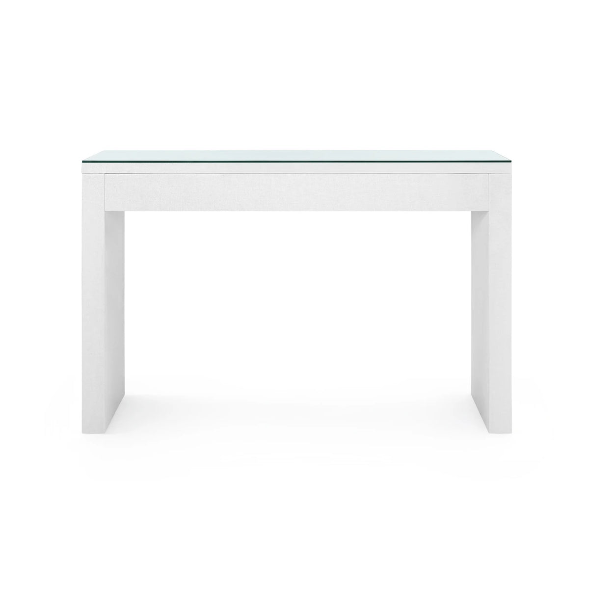 Morgan Grasscloth Console Table — white grasscloth finish with clear glass top, rear view