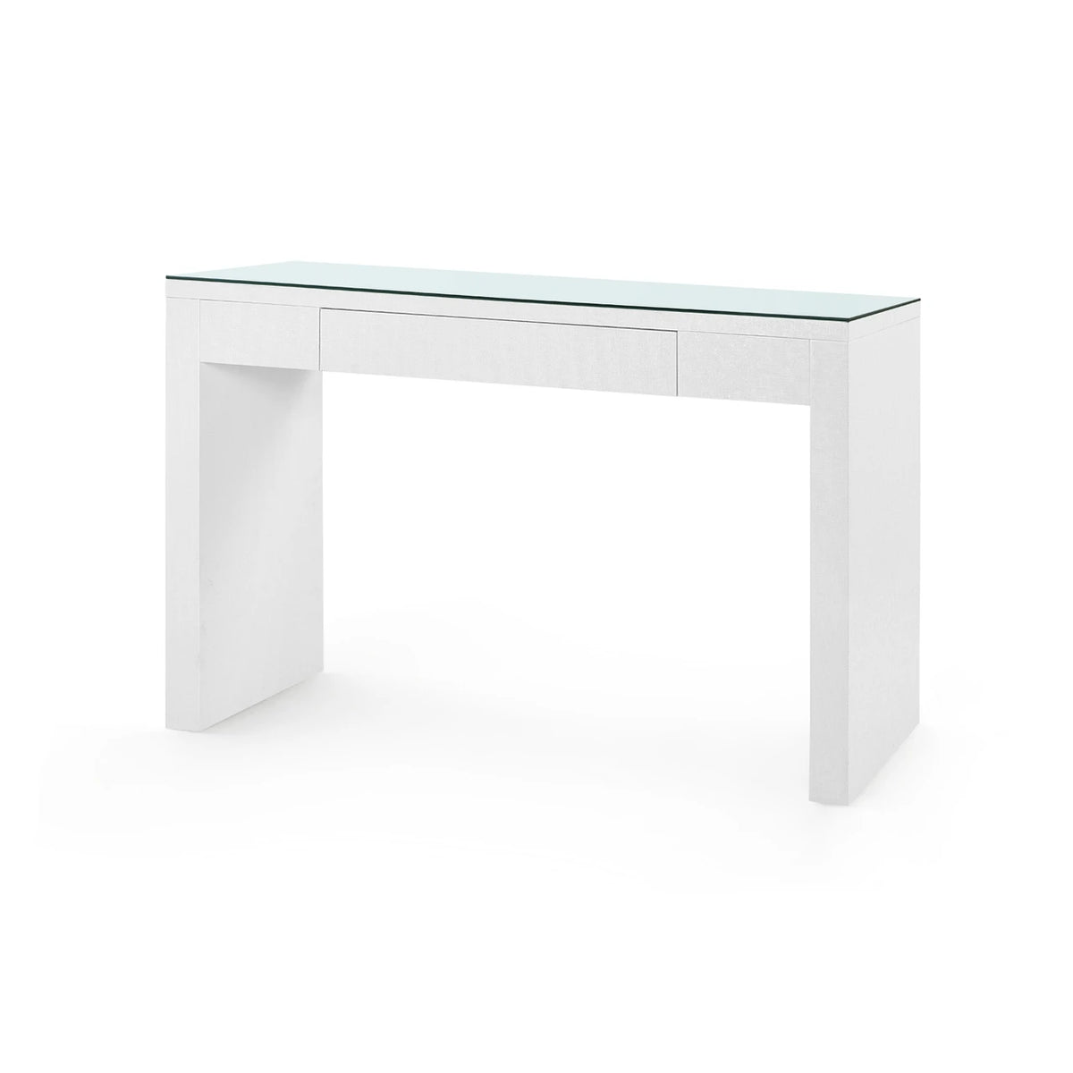 Morgan Grasscloth Console Table by Villa & House — white lacquered grasscloth with glass top, angled view