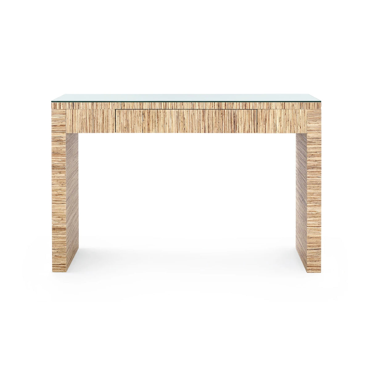 Morgan Console Table by Villa & House — natural raffia with clear glass top, front view