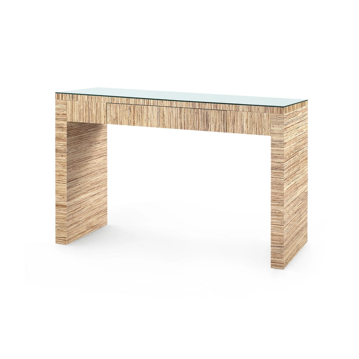 Morgan Console Table by Villa & House — Papyrus finish with clear glass top, angled view