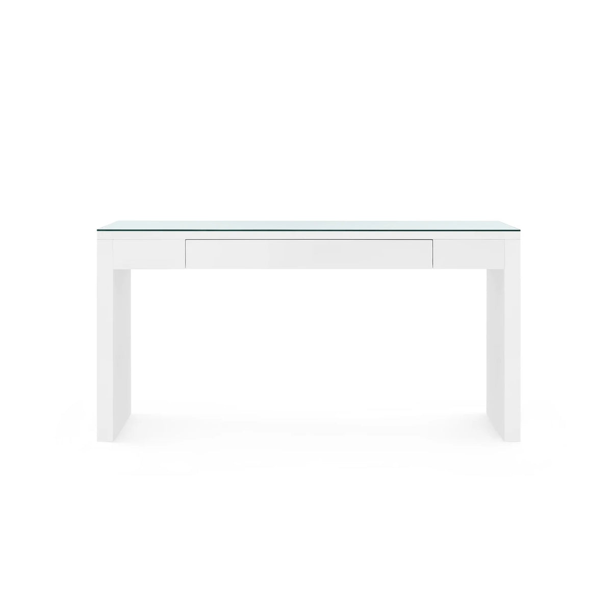 Morgan Large Console Table with Glass Top by Villa & House — white finish, clear glass top and inset drawer, front view