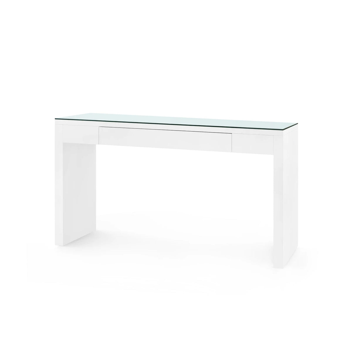 Morgan Large Console Table with Glass Top by Villa & House — Chiffon White finish, clear glass top and inset drawer, angled view