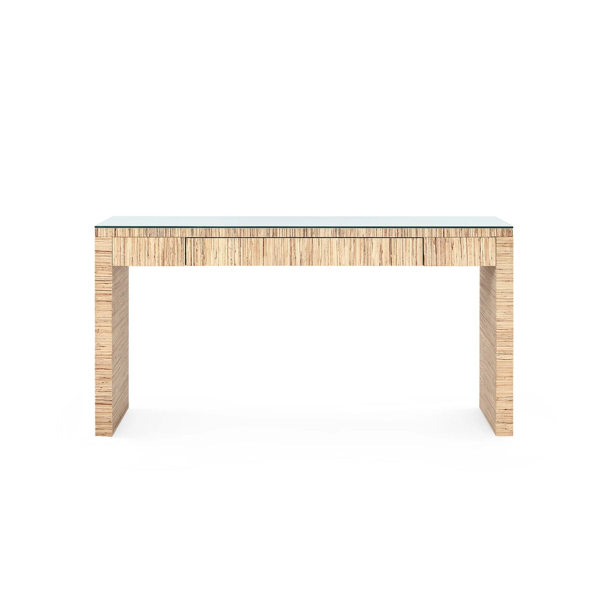 Morgan Large Console Table with Glass Top by Villa & House — natural-toned finish, clear glass top and inset drawer, front view