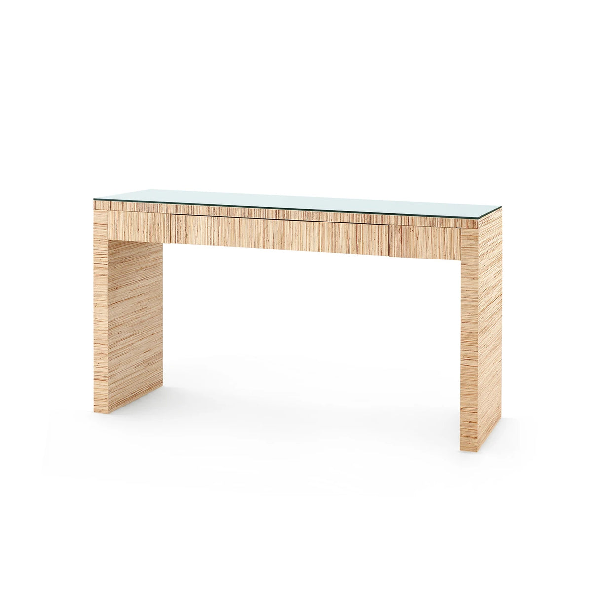 Morgan Large Console Table with Glass Top by Villa & House — Papyrus finish, clear glass top and inset drawer, angled view