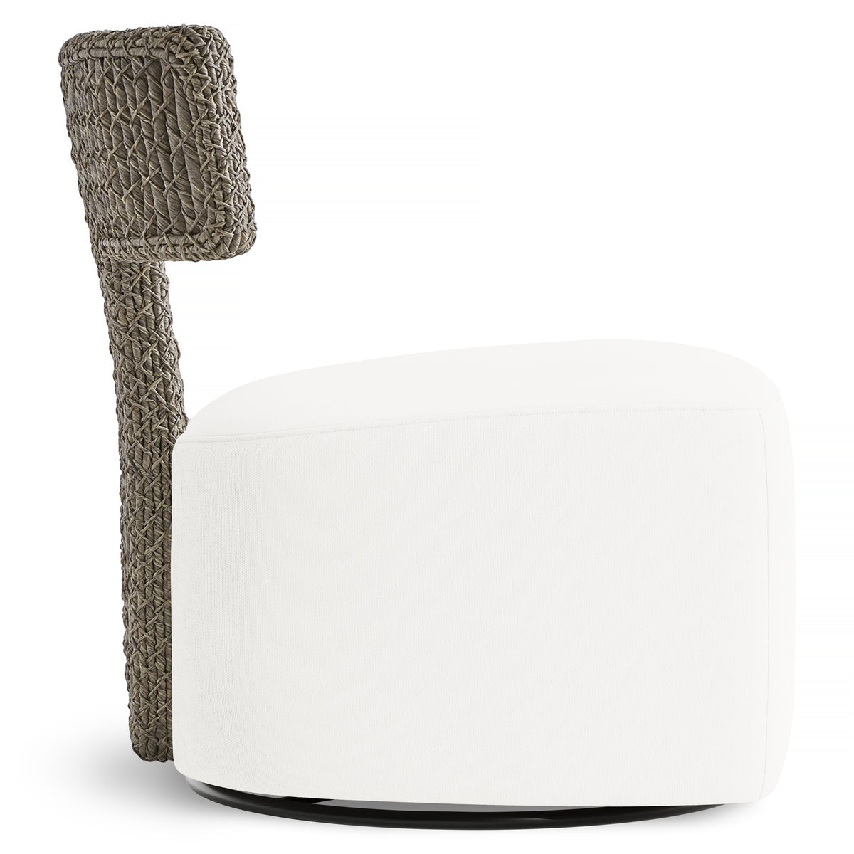 Cabo Outdoor Swivel Chair by Bernhardt, side profile with woven T-back